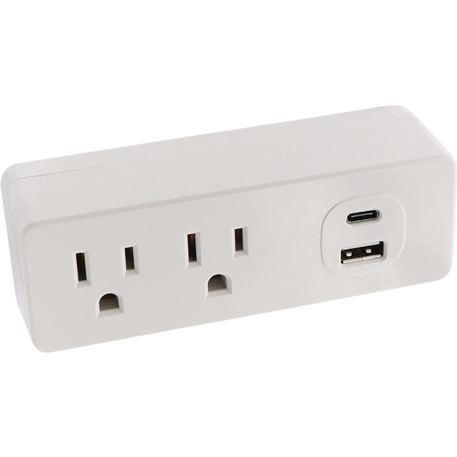 White electrical wall tap featuring two outlets and USB-A and USB-C ports for versatile home improvement use under $50 collection