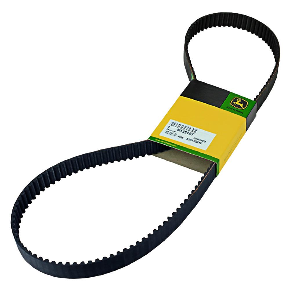 Black synchronous timing belt with yellow and green John Deere branded packaging for tools and home improvement use