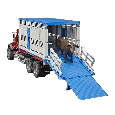 Red and blue toy truck with open livestock trailer and realistic brown cattle figure for transport play and display