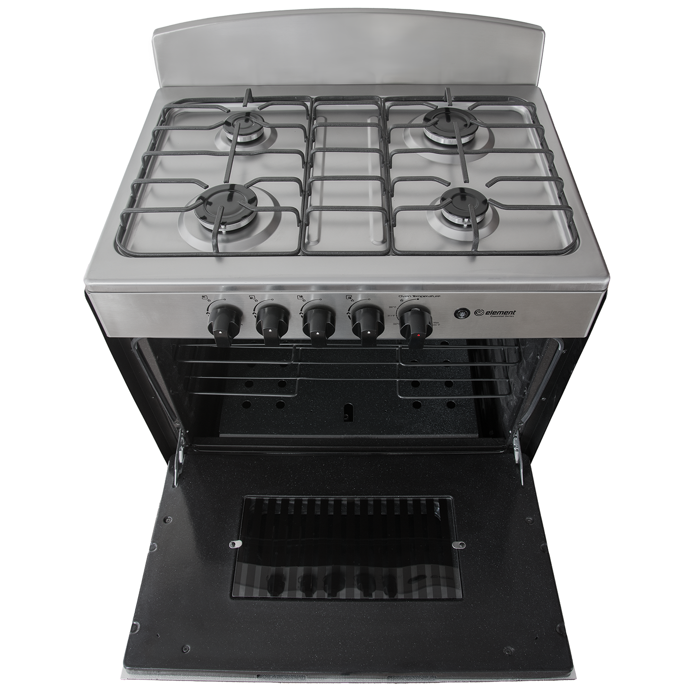 Stainless steel 30-inch gas range with four burners, front control knobs, and open oven door showing spacious interior with racks, suitable for Ranges, Gas Ranges, Kitchen & Kitchenware, All Products, Appliances, and Ranges & Cooktops collections.