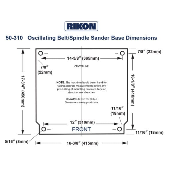 Technical diagram showing base dimensions for Rikon benchtop oscillating belt and spindle sander installation.
