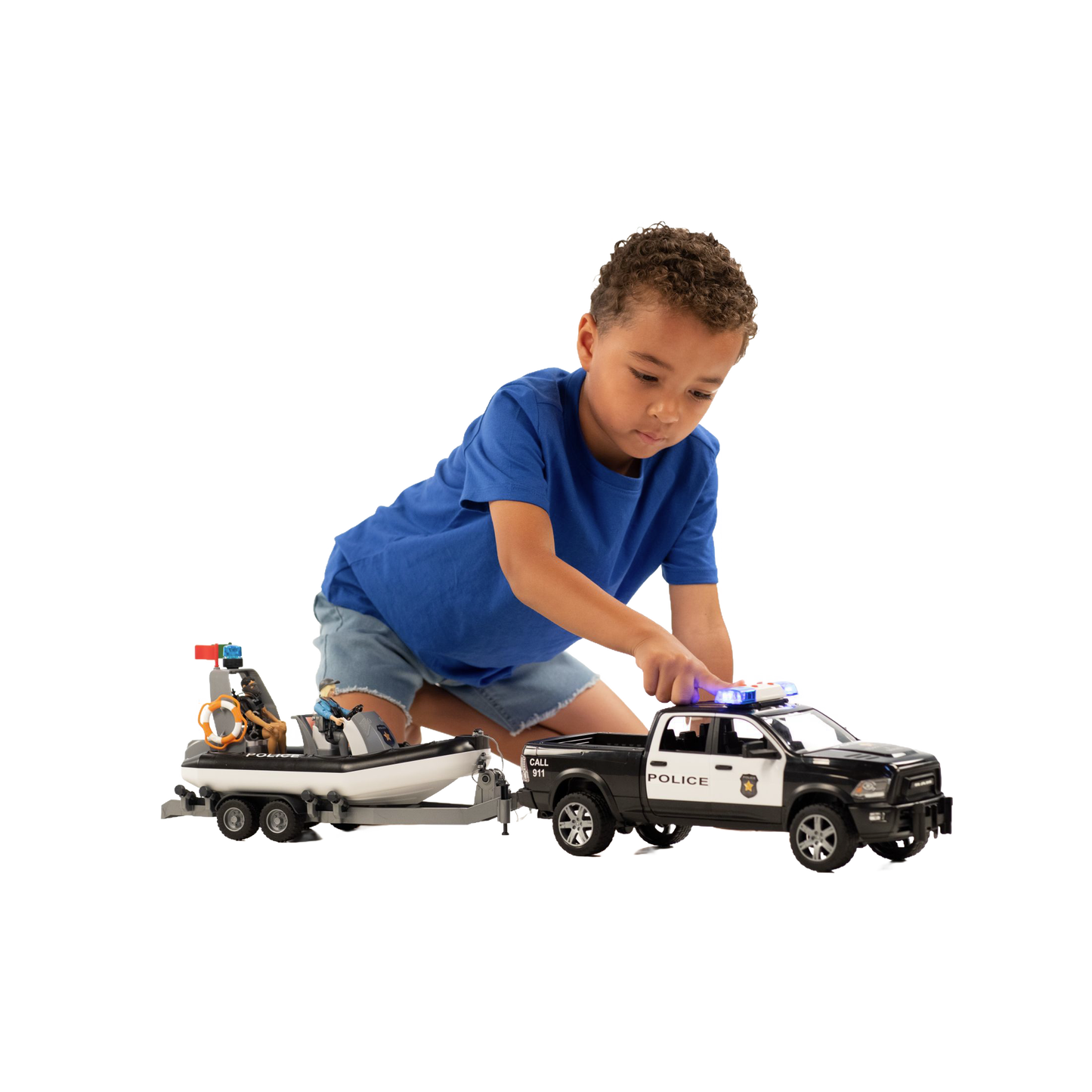 Child playing with 1:16 scale police pickup truck, trailer, inflatable boat, and two officer figures toy set