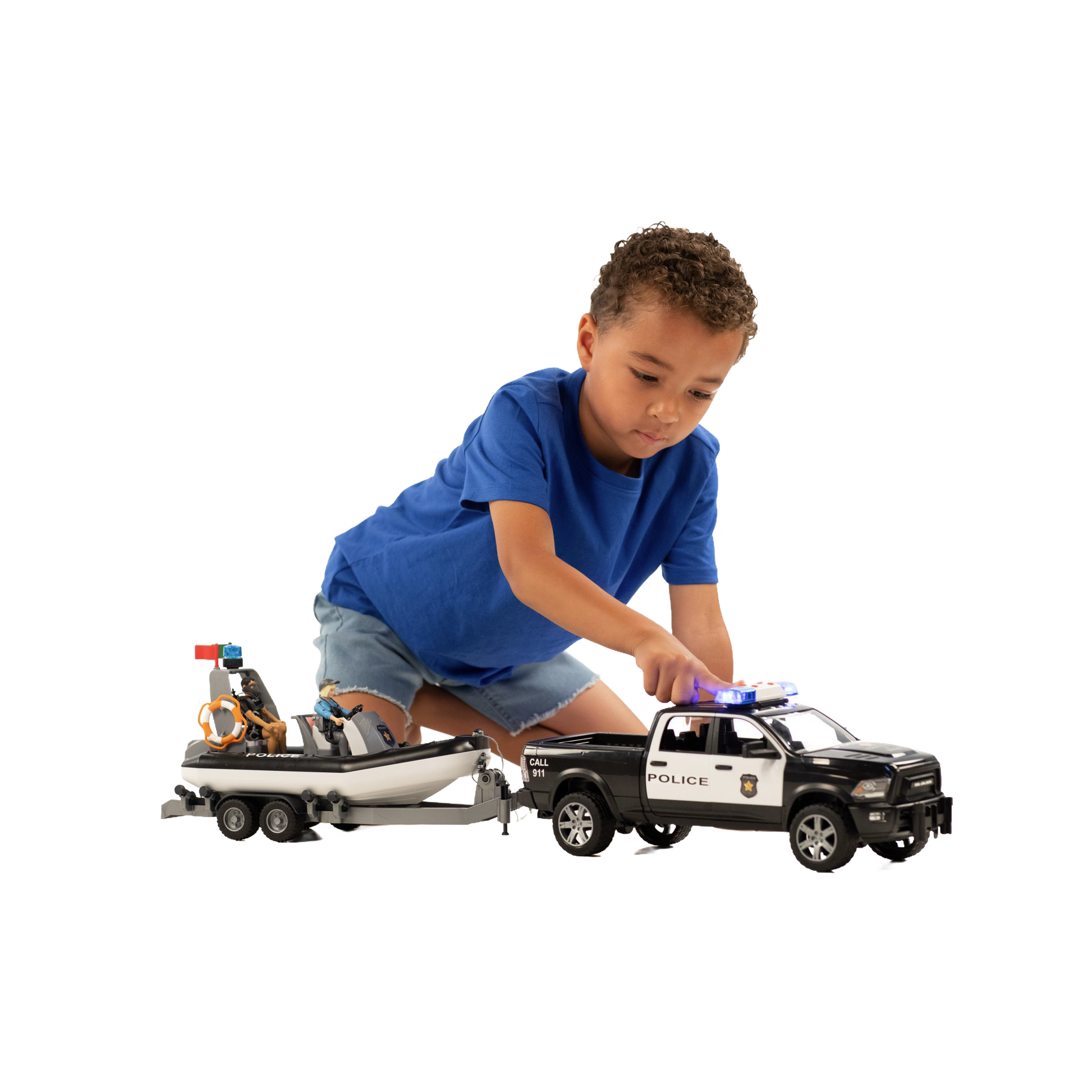 Child playing with 1:16 scale police pickup truck, trailer, inflatable boat, and two officer figures toy set
