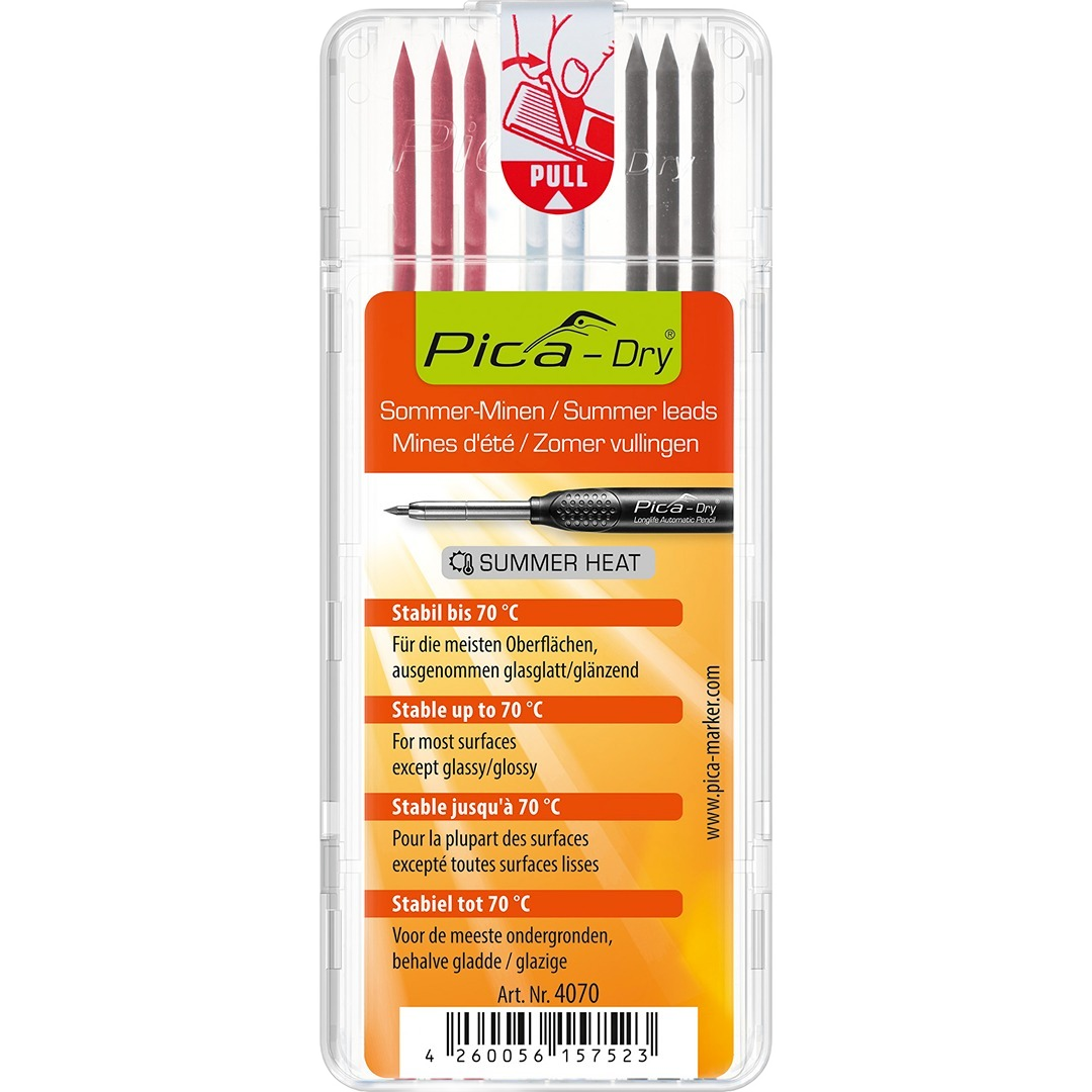 Set of 8 Pica Dry Summer Heat refill leads in red, white, and graphite for woodworking and measuring tools collections