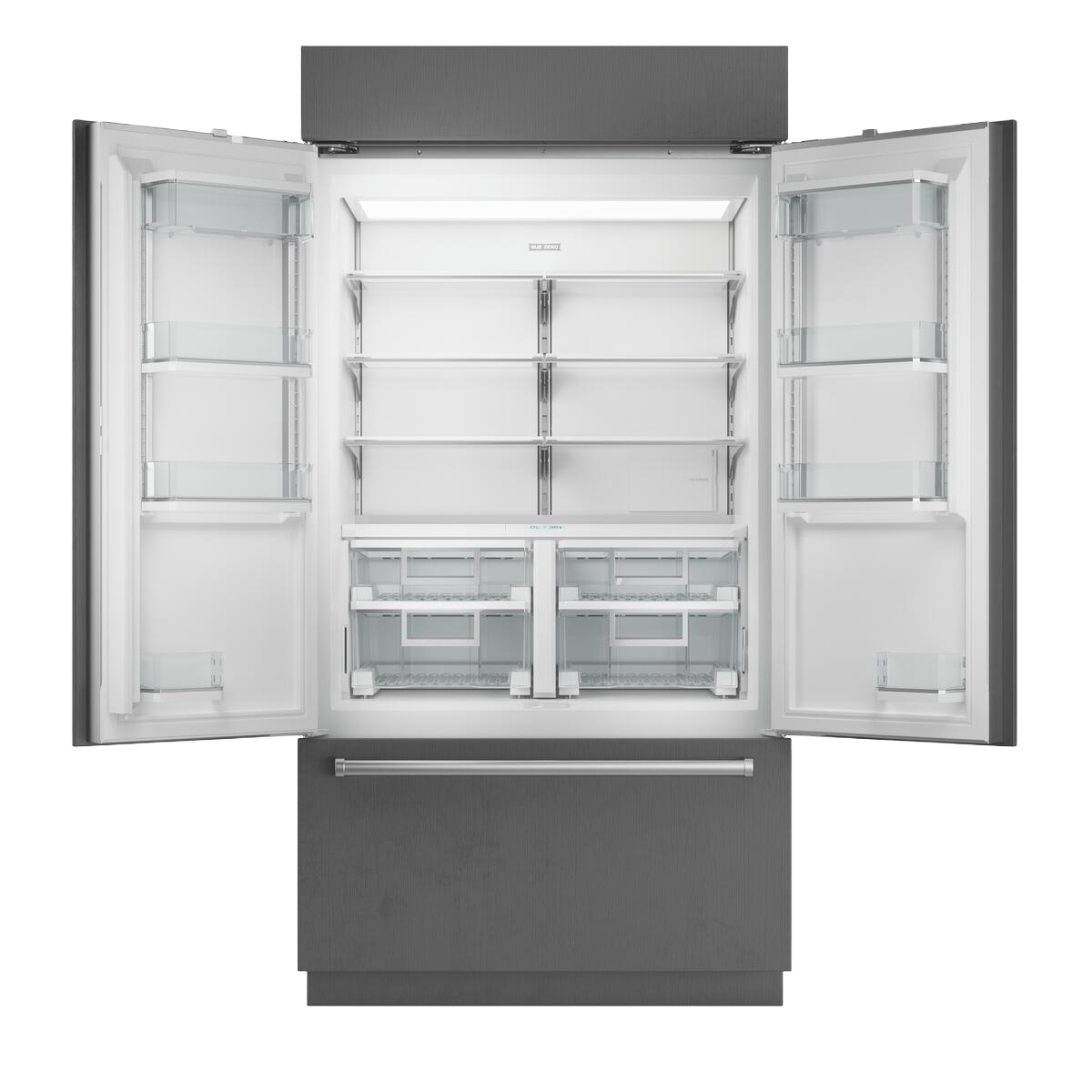 Stainless French door refrigerator with open doors showing adjustable shelves, door bins, and bottom freezer drawer in kitchen appliances