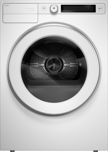 Front view of a white front-loading tumble dryer with large circular door, digital display, and control knob, suitable for Dryers, Electric Dryers, Appliances, and Washers & Dryers collections.