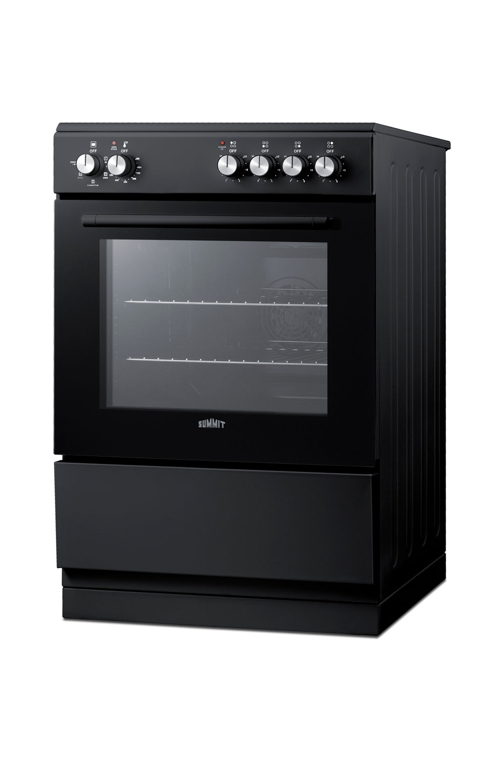Compact black electric smooth-top range with control knobs, oven window, and lower storage drawer for home kitchens