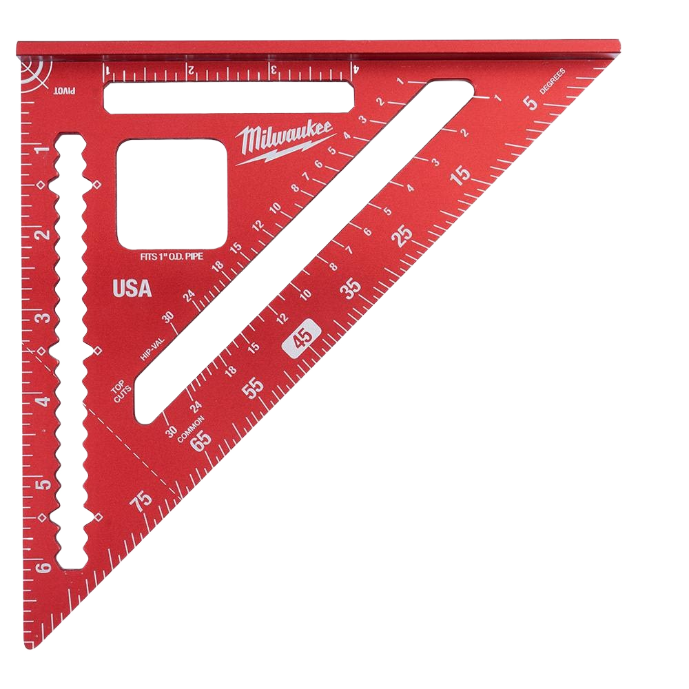 Red magnetic rafter square with multiple measurement markings for woodworking and hand tool applications in home improvement
