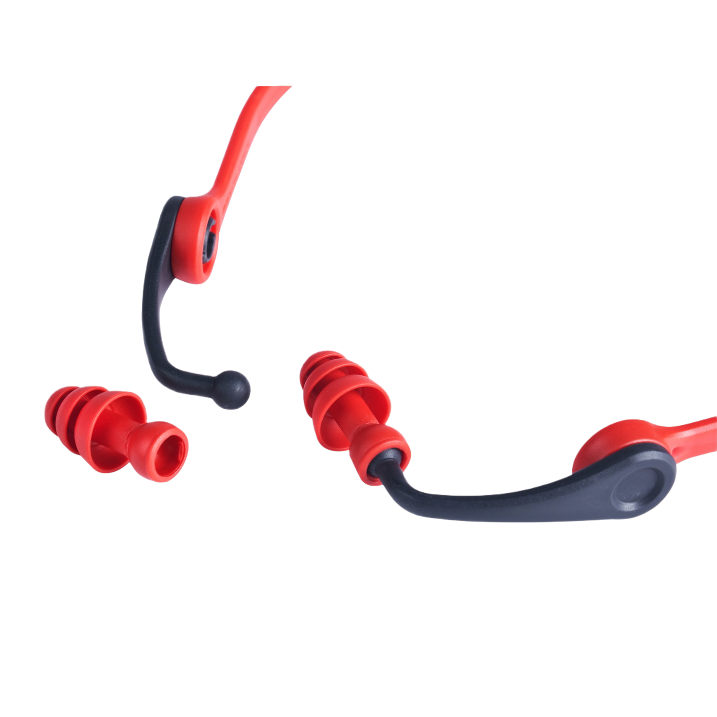 Red and black banded ear plugs with triple flange tips for durable hearing protection in tools and home improvement tasks