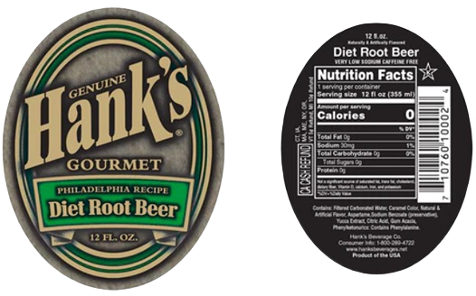 Oval vintage-style label for Hank's gourmet diet root beer with nutrition facts and barcode on separate black background panel