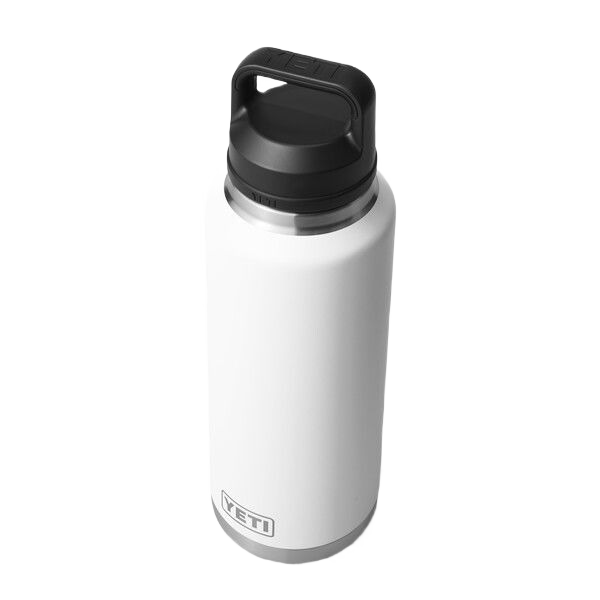 White stainless steel 46 oz bottle with black chug cap, designed for drinkware and kitchenware collections under $100