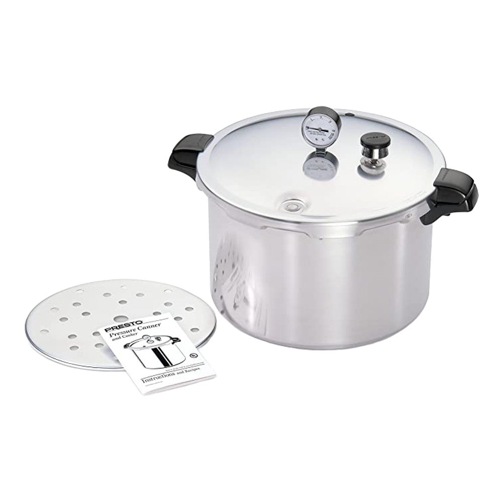 16-quart aluminum pressure cooker with clear gauge, black handles, perforated rack, and instruction manual in kitchenware collection