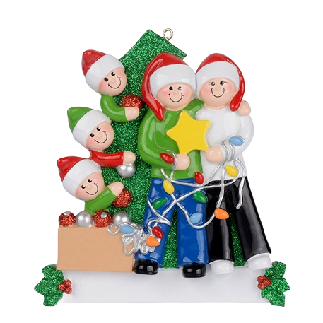 Personalized family of five figurine decorating with Christmas lights and star, festive holiday ornament for tree decoration