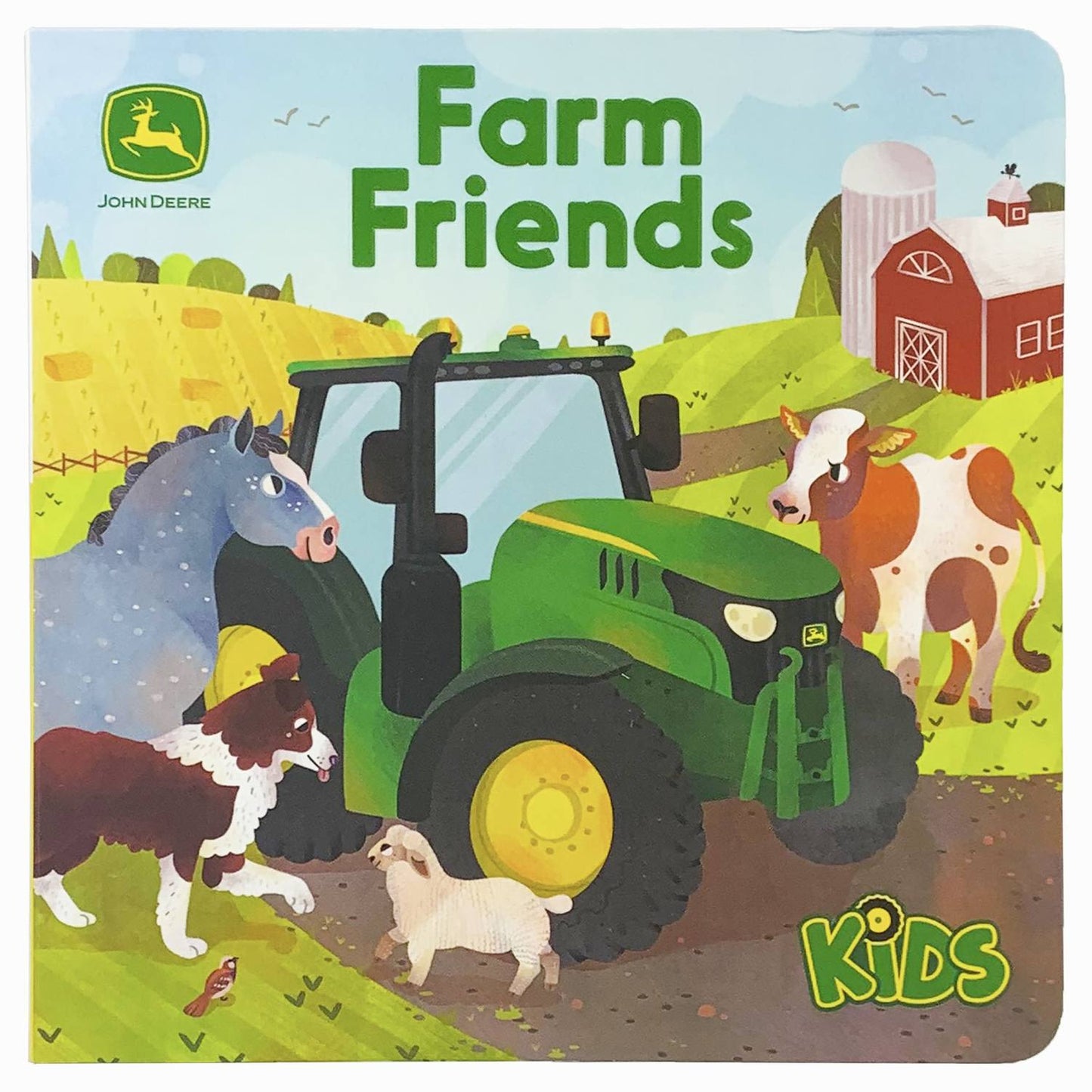 Children's book cover featuring a green tractor with farm animals in a colorful rural scene