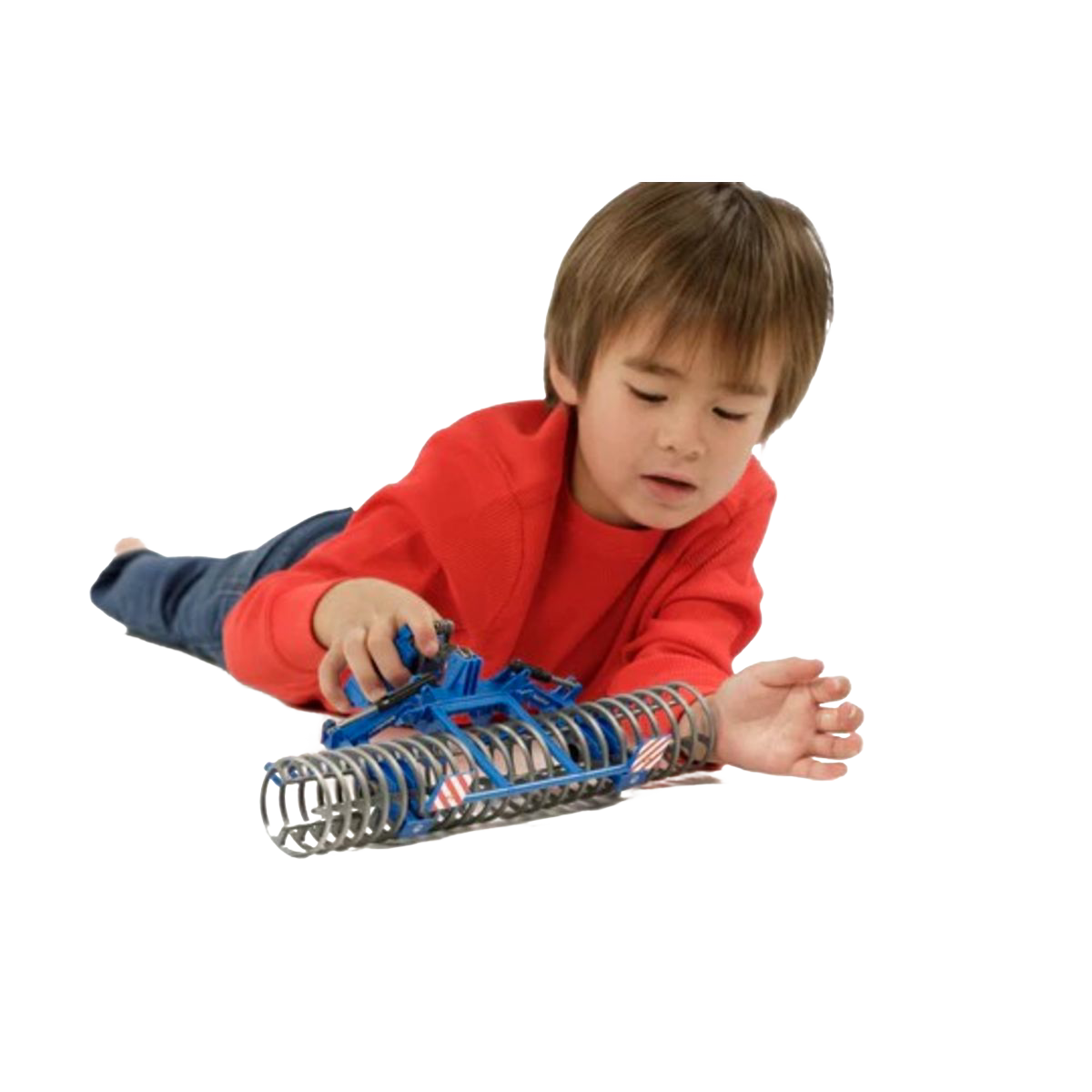 Child playing with blue toy front furrow press from Bruder Toys in Vehicles & Remote Controlled Toys collection