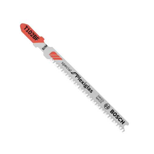 Bosch Plexiglas T-shank jigsaw blade with fine teeth for precise cutting in woodworking and power tool accessories