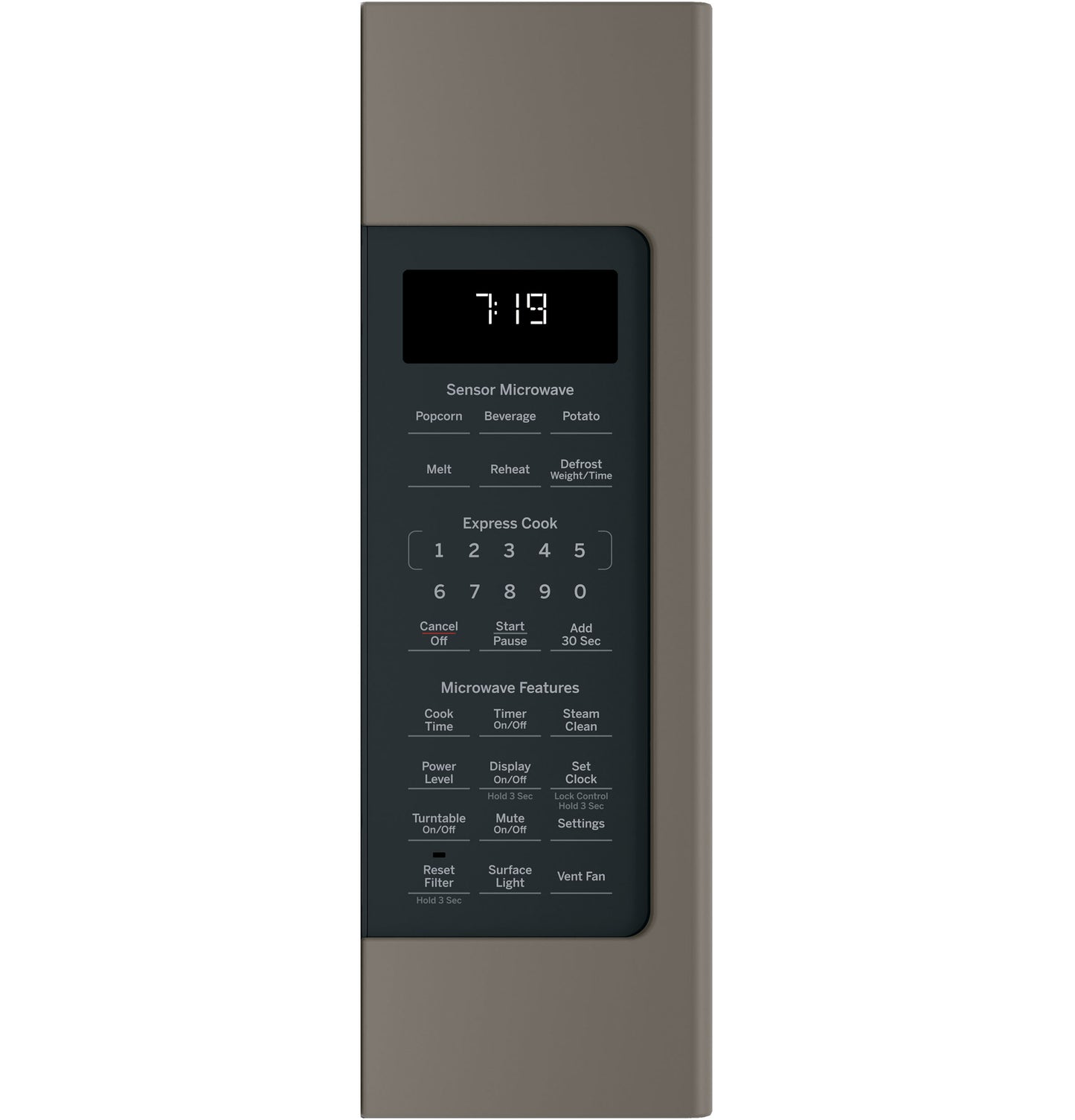 Control panel close-up of over-the-range sensor microwave oven with digital display and preset cooking options from appliances collection