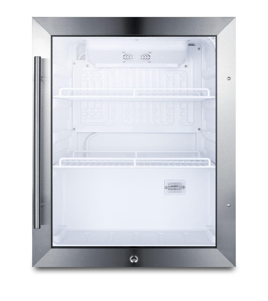 Compact beverage center with stainless steel frame and glass door, featuring adjustable white wire shelves for beverage storage.