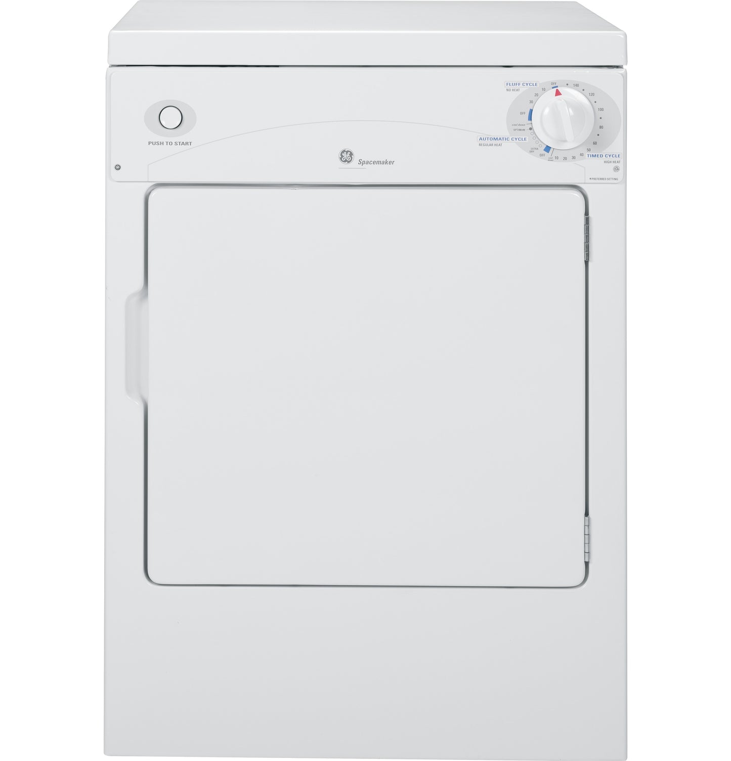 White compact portable electric dryer with front door and dial controls in washers and dryers collection