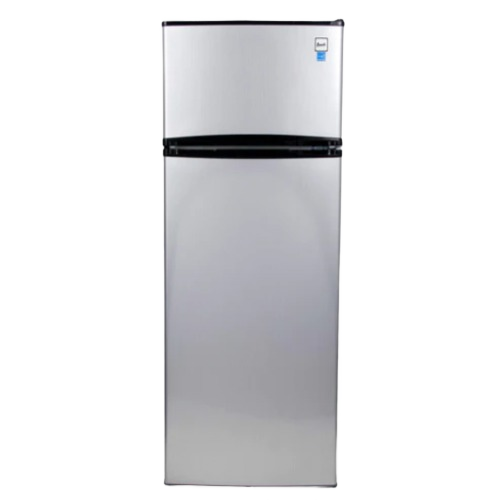 Compact silver apartment refrigerator with top freezer, sleek handle, suited for kitchen and appliance collections