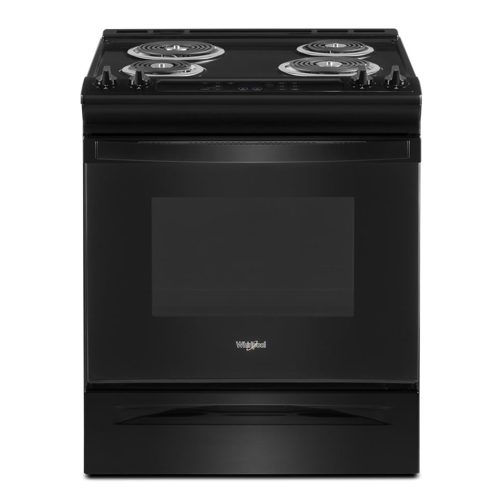 Black electric slide-in range with four coil burners and digital controls in kitchen appliances collection