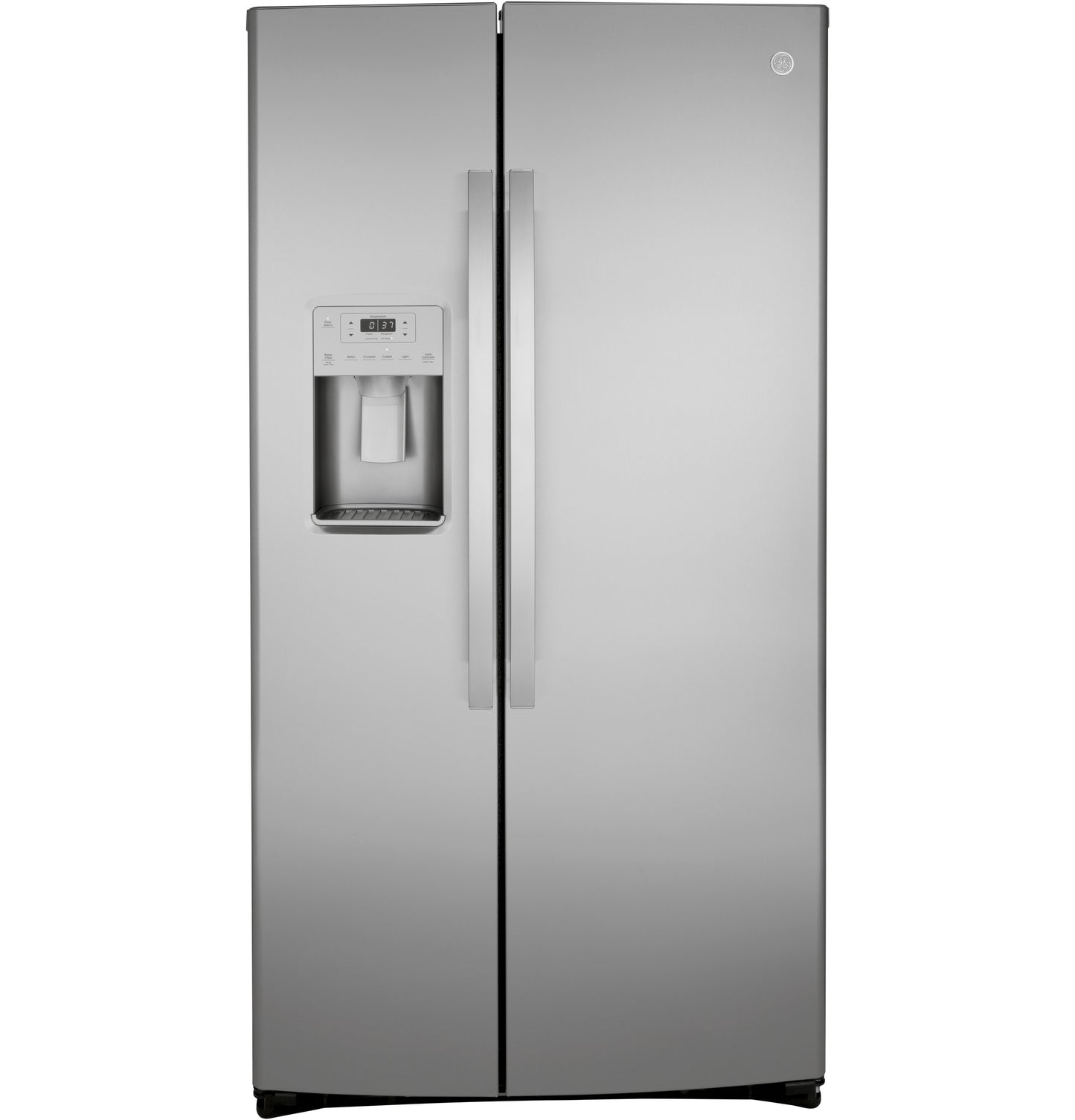 Fingerprint resistant stainless steel side-by-side refrigerator with external water dispenser in appliances collection