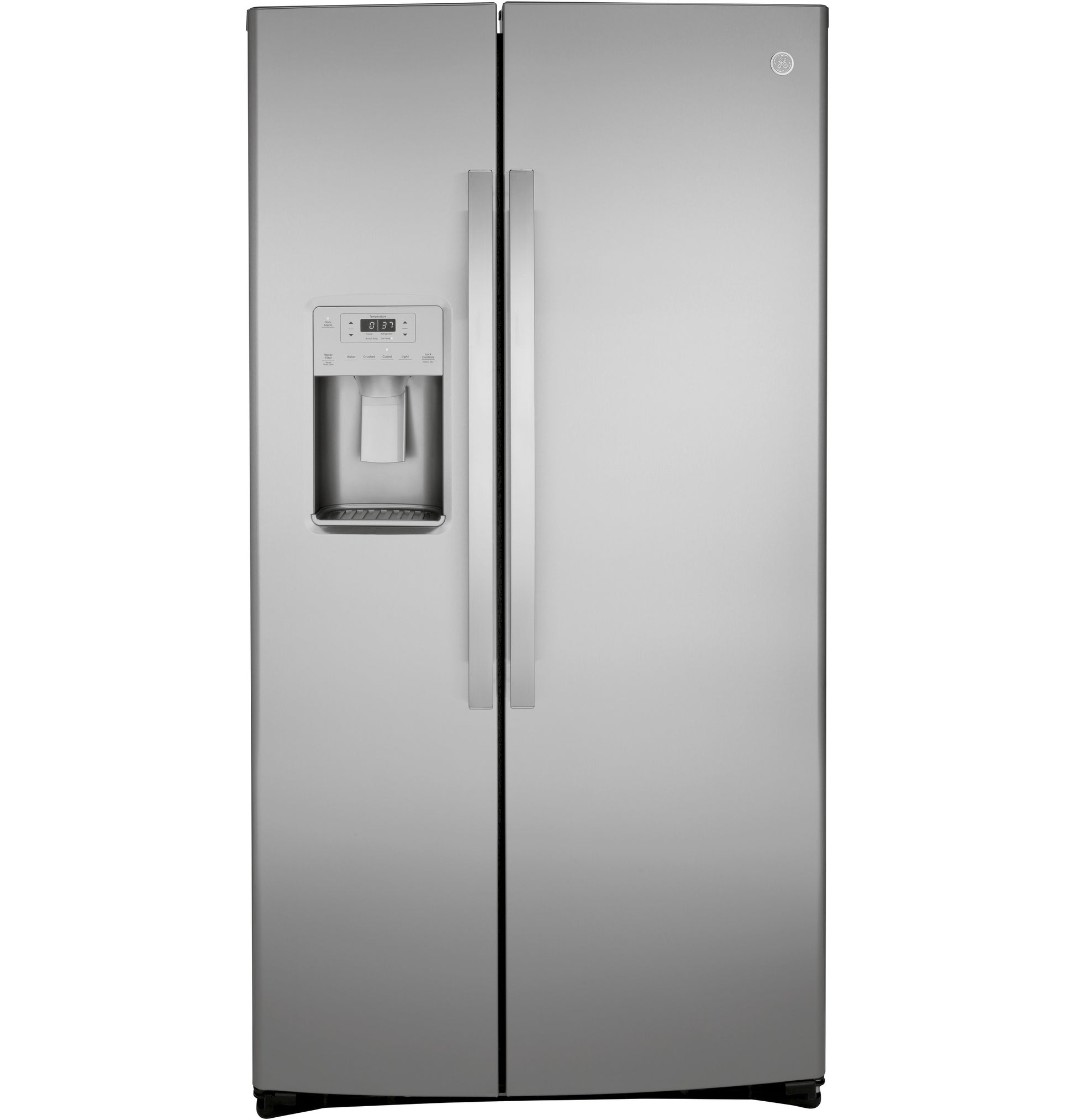 Fingerprint resistant stainless steel side-by-side refrigerator with external water dispenser in appliances collection