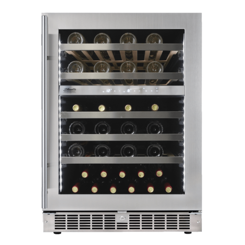 Under-counter stainless steel wine cellar with glass door, adjustable wooden shelves, and digital temperature controls in Appliances collection