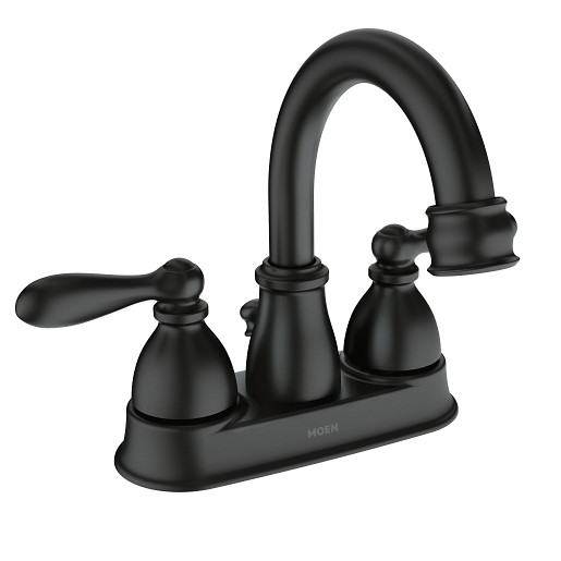 Matte black two-handle high arc bathroom faucet with pop-up drain for home improvement projects