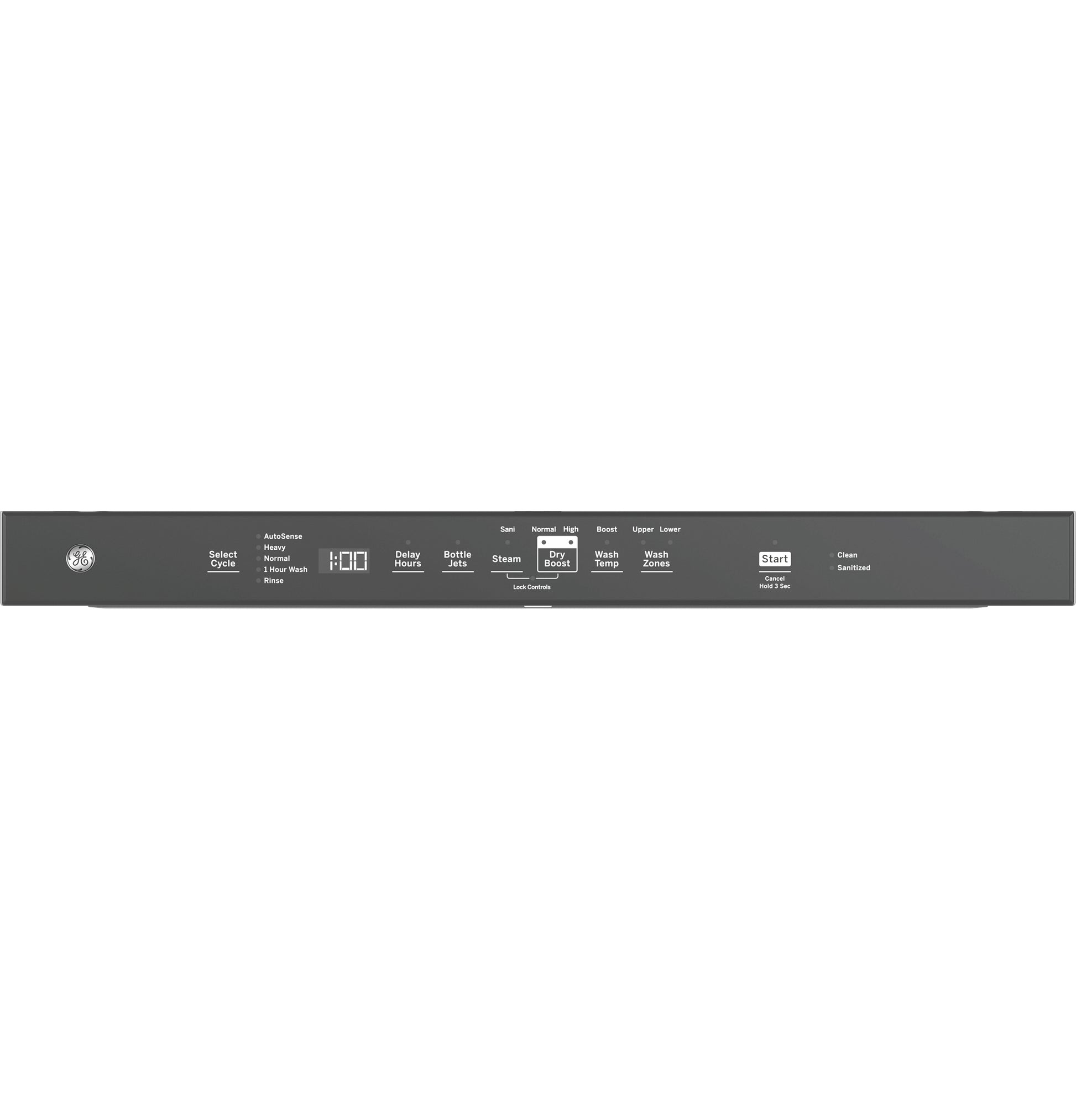 Close-up of black top control panel with digital display and cycle options from GE dishwasher in Kitchen & Kitchenware collection