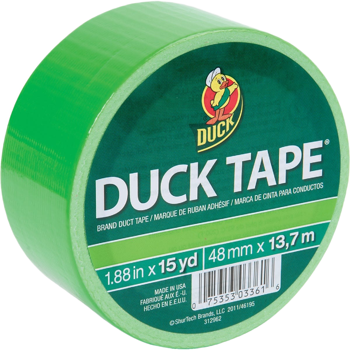 Roll of neon lime green duct tape by Duck Brand, ideal for repairs and creative projects in home improvement.