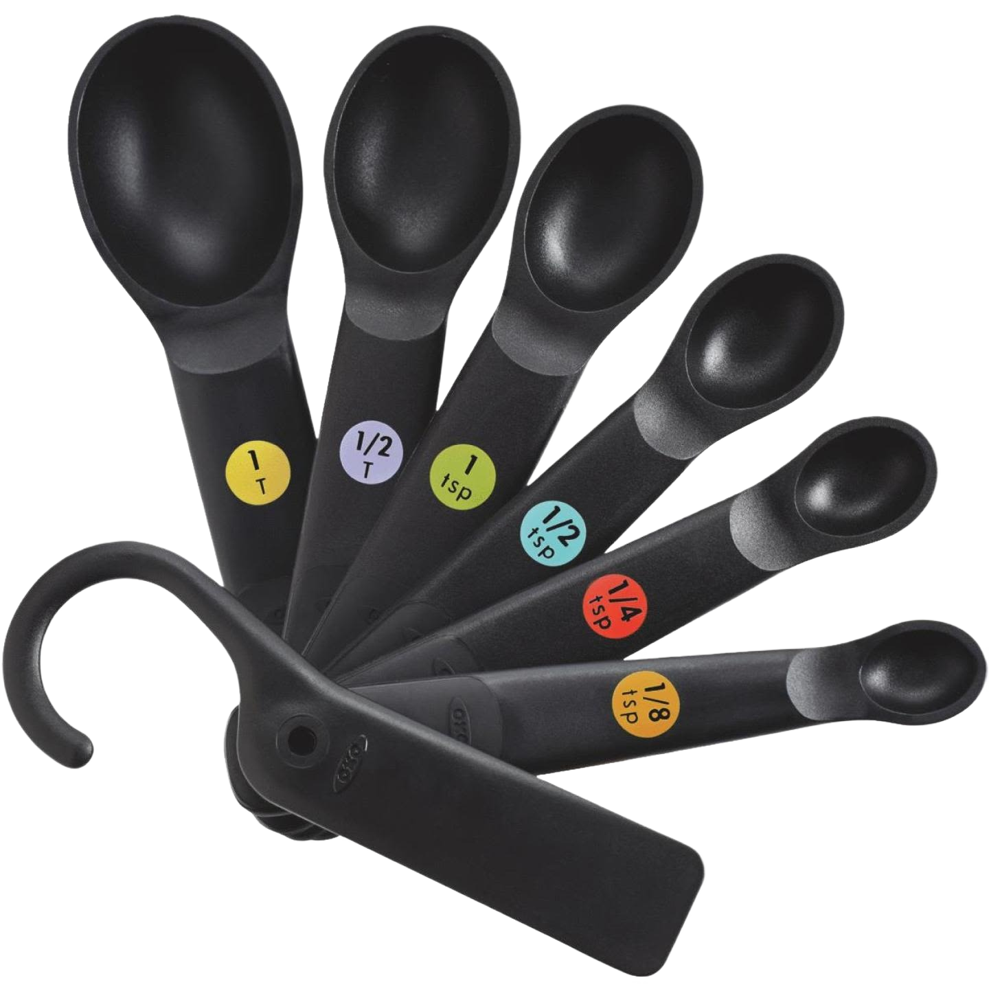 Set of durable black plastic measuring spoons with color-coded labels, ideal for kitchenware and home cooking tasks.