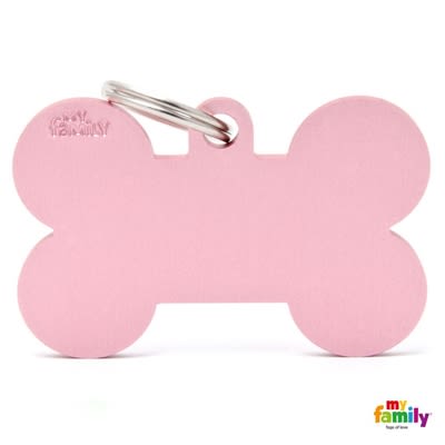 Light pink bone-shaped pet ID tag with metal ring for attachment in pet accessories and home improvement use