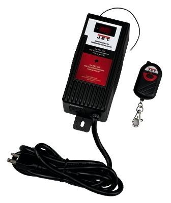 JET remote control unit and keychain transmitter for 115V dust collector in woodworking tools and air filtration.