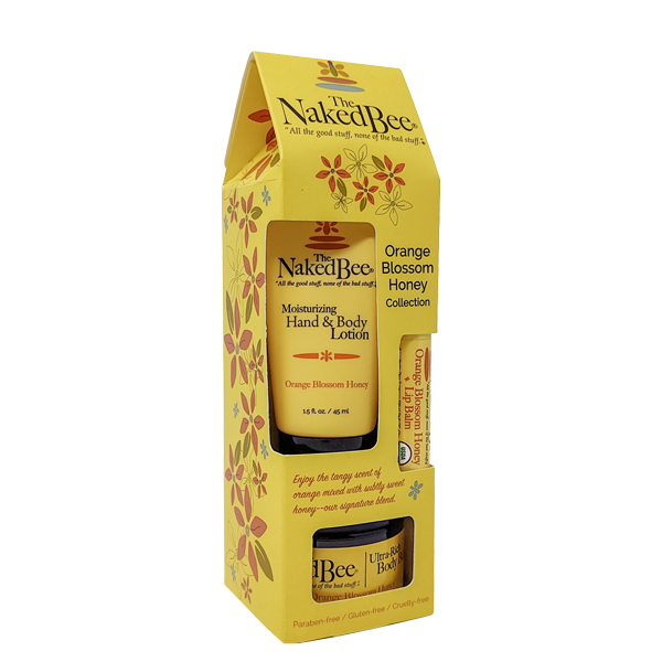 Yellow gift set containing moisturizing hand and body lotion, lip balm, and body cream in Skin Care collections