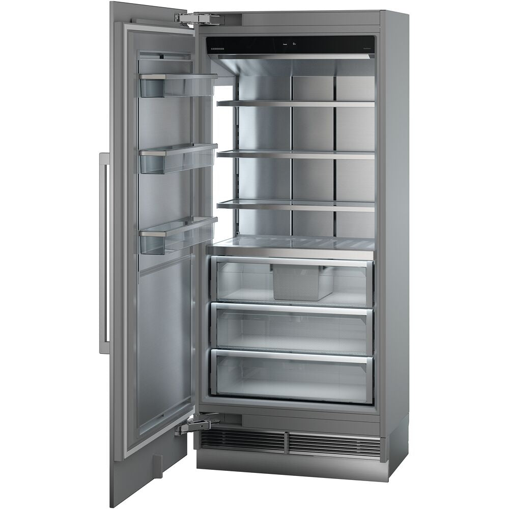 Open stainless steel built-in freezer with adjustable shelves, clear bins, and right hinge in kitchen appliances collection