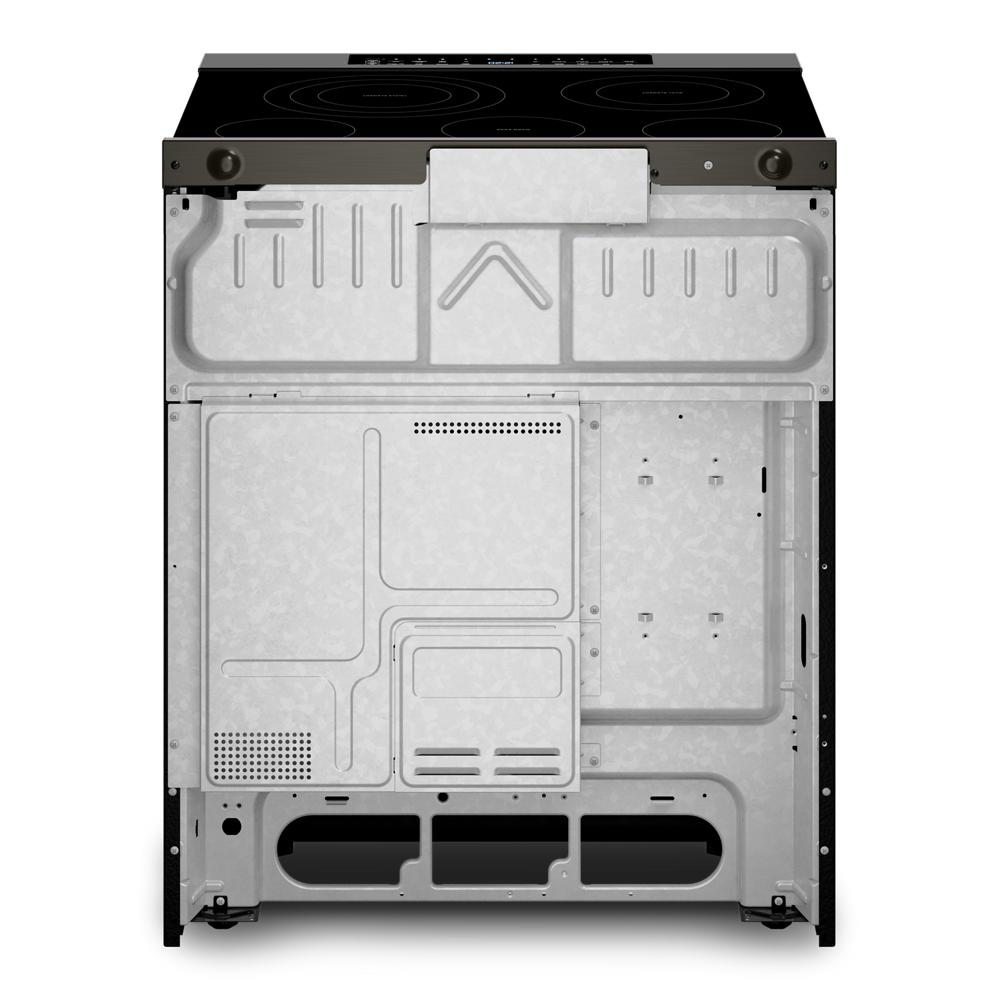 Rear view of 30-inch electric slide-in range showing exposed metal panel and ventilation from ranges collection