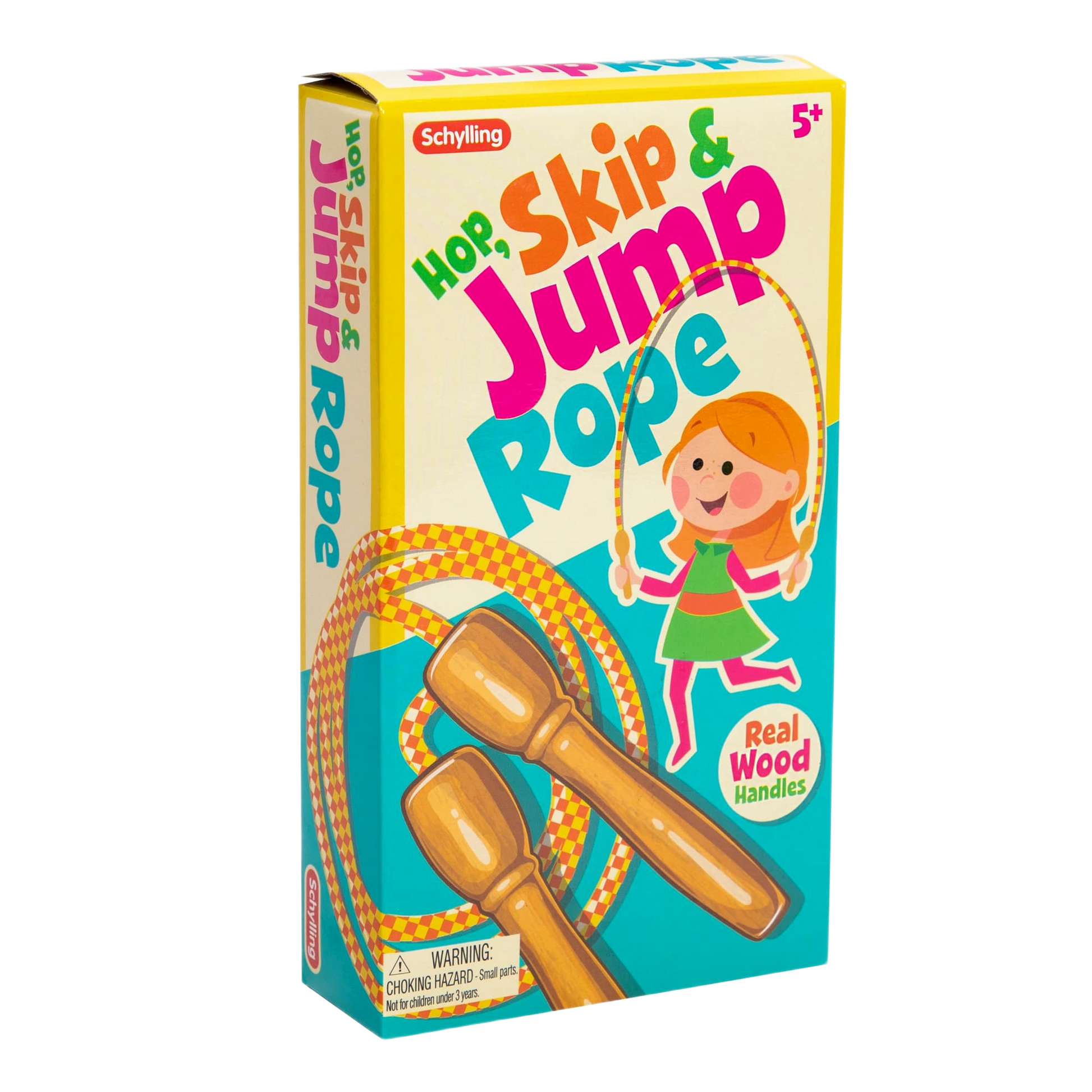 Colorful packaging of a jump rope with wooden handles featuring playful child illustration for active play and exercise