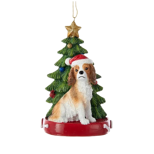 Personalized King Charles dog ornament with Christmas tree and Santa hat for holiday decorations under $50