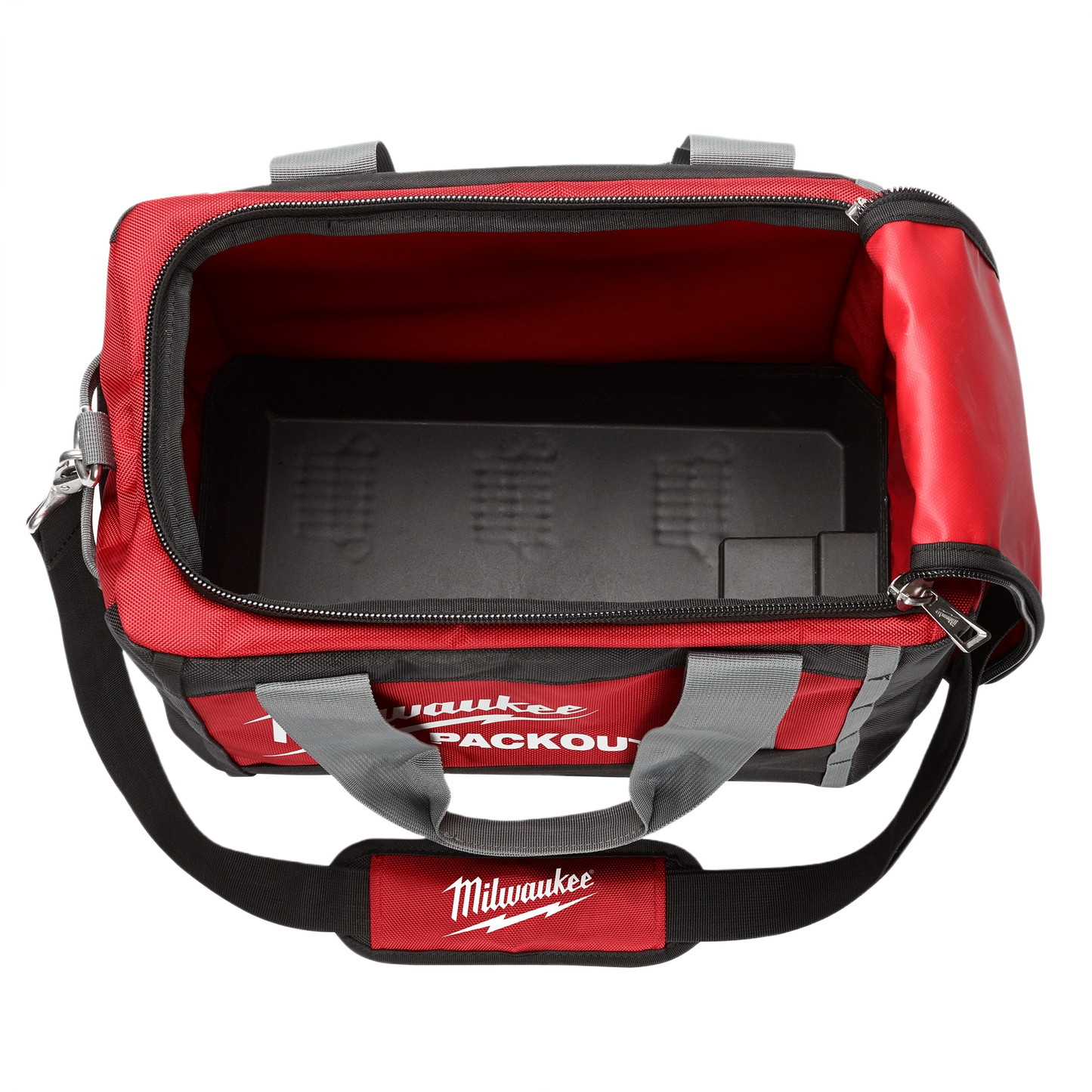 Red and black Milwaukee PACKOUT 15" tool bag with reinforced handles and removable base for tools and home improvement use