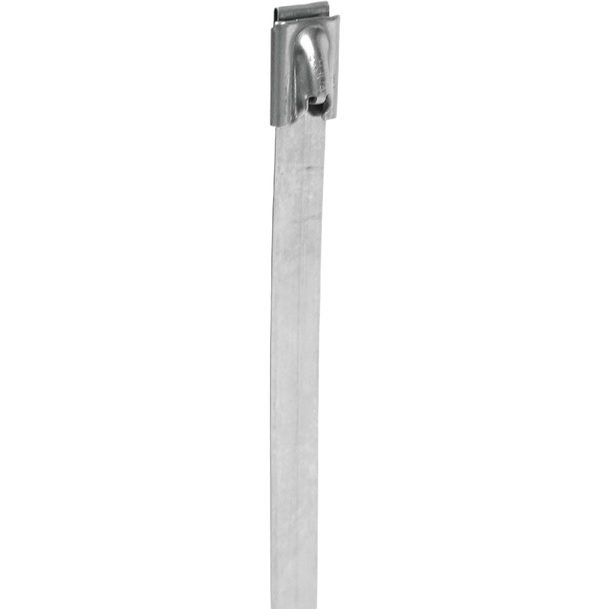 Slim stainless steel cable tie with locking head for securing wires in electrical and home improvement tasks