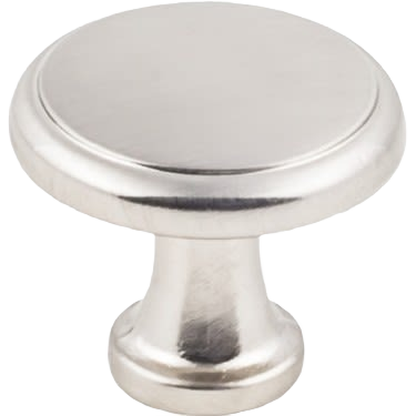 Satin nickel flat cabinet knob with smooth rounded top for furniture hardware and home improvement collections