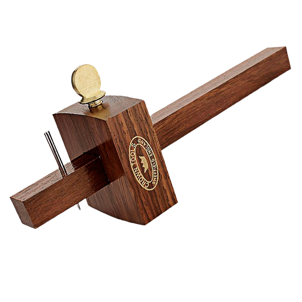 Compact wooden marking gauge with brass adjustment knob and steel pin for precise woodworking measurements