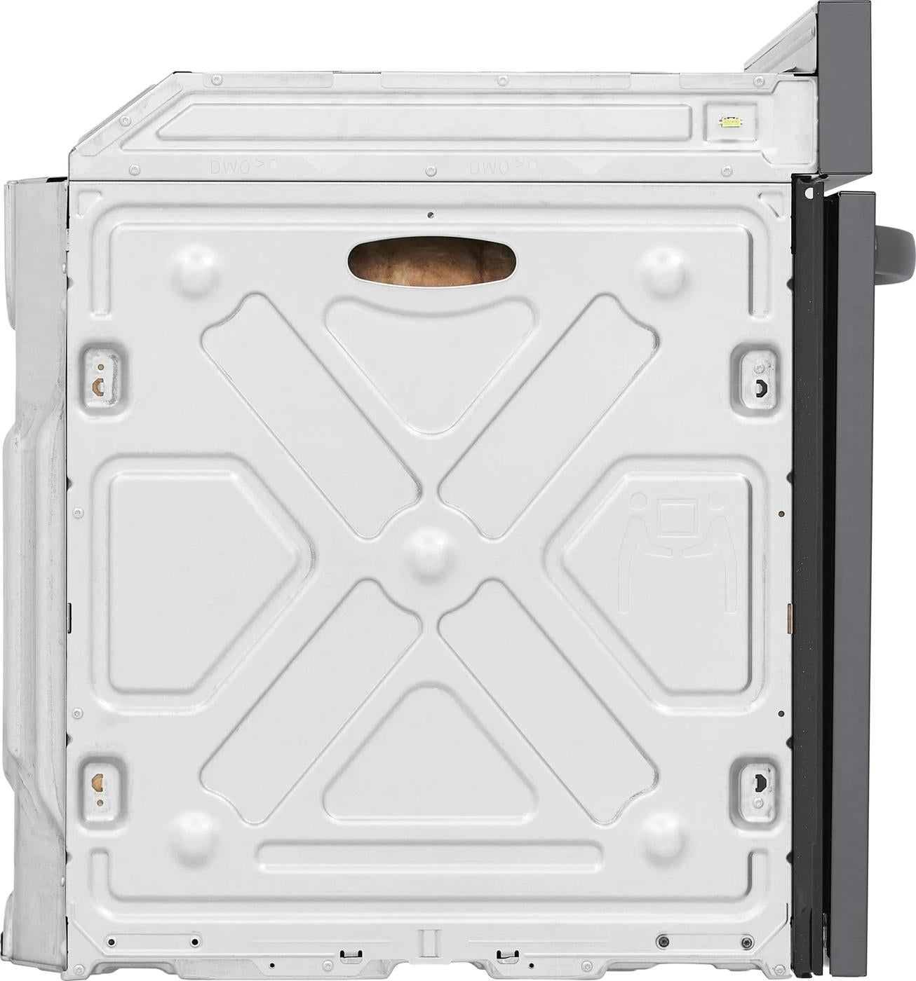 Side view of a stainless steel electric wall oven showing construction details for home improvement appliances.