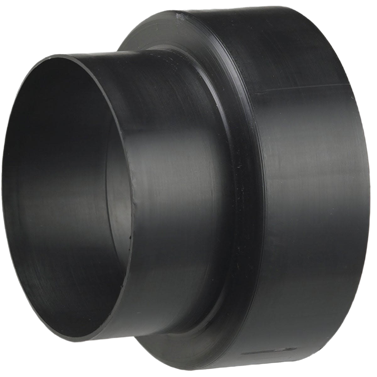 Black plastic vent increaser-decreaser adapter for connecting 3-inch to 4-inch ducts in appliance parts and home improvement.