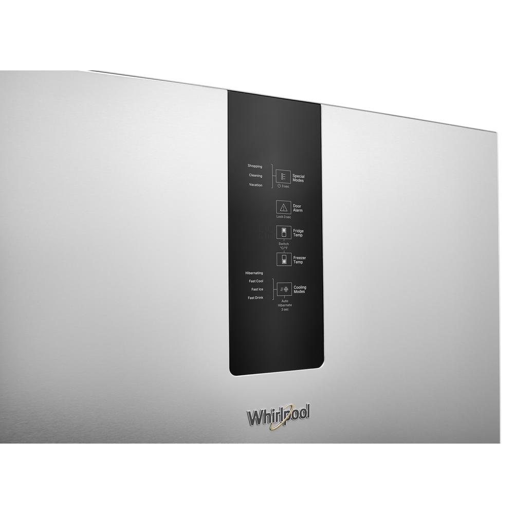 Stainless steel refrigerator with digital control panel and door alarm for home improvement appliance collections