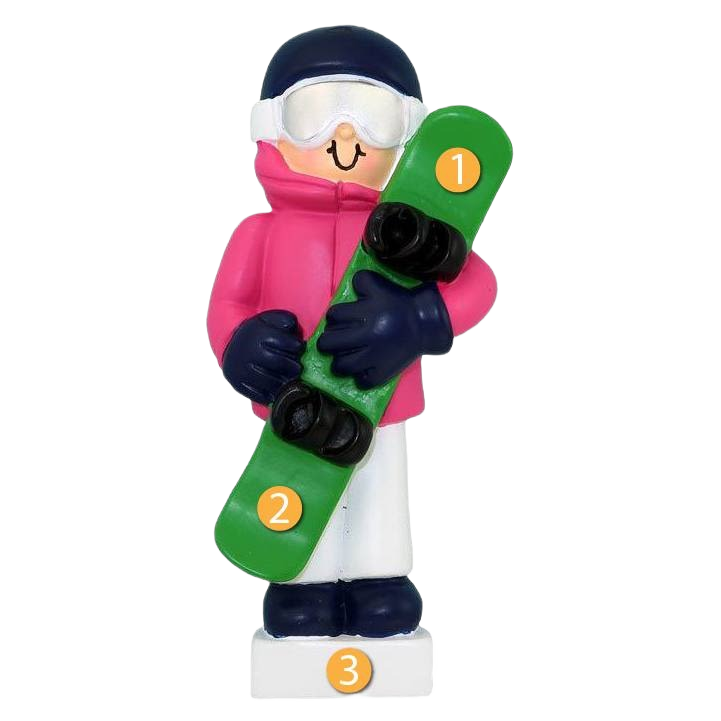 Personalized female snowboarder figure ornament in pink jacket and white pants for Christmas Ornaments & Tree Decorations collection