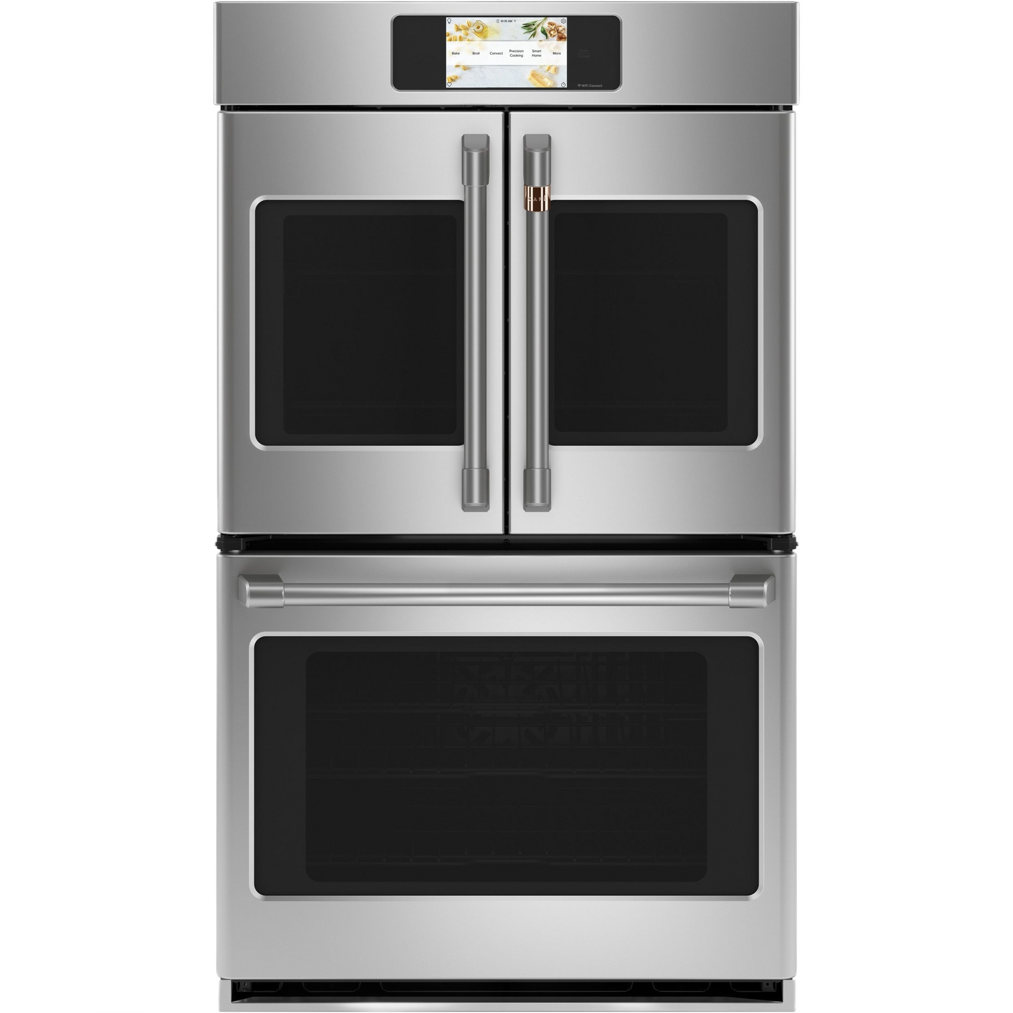 Stainless steel smart built-in double wall oven with French doors and touchscreen control from kitchen appliances collection