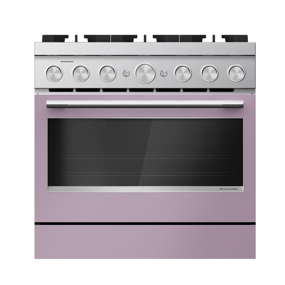 36-inch dual fuel range with six stainless steel control knobs and purple lower oven door in KitchenAid ranges collection