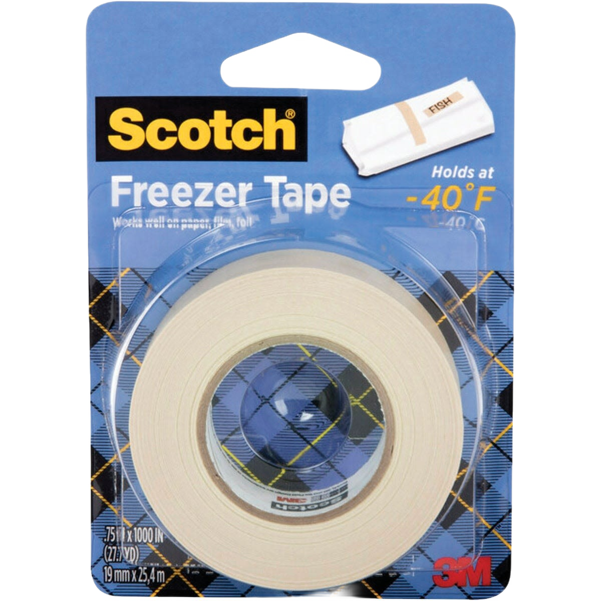 Roll of freezer tape designed to hold labels securely on paper, film, or foil in cold kitchenware settings